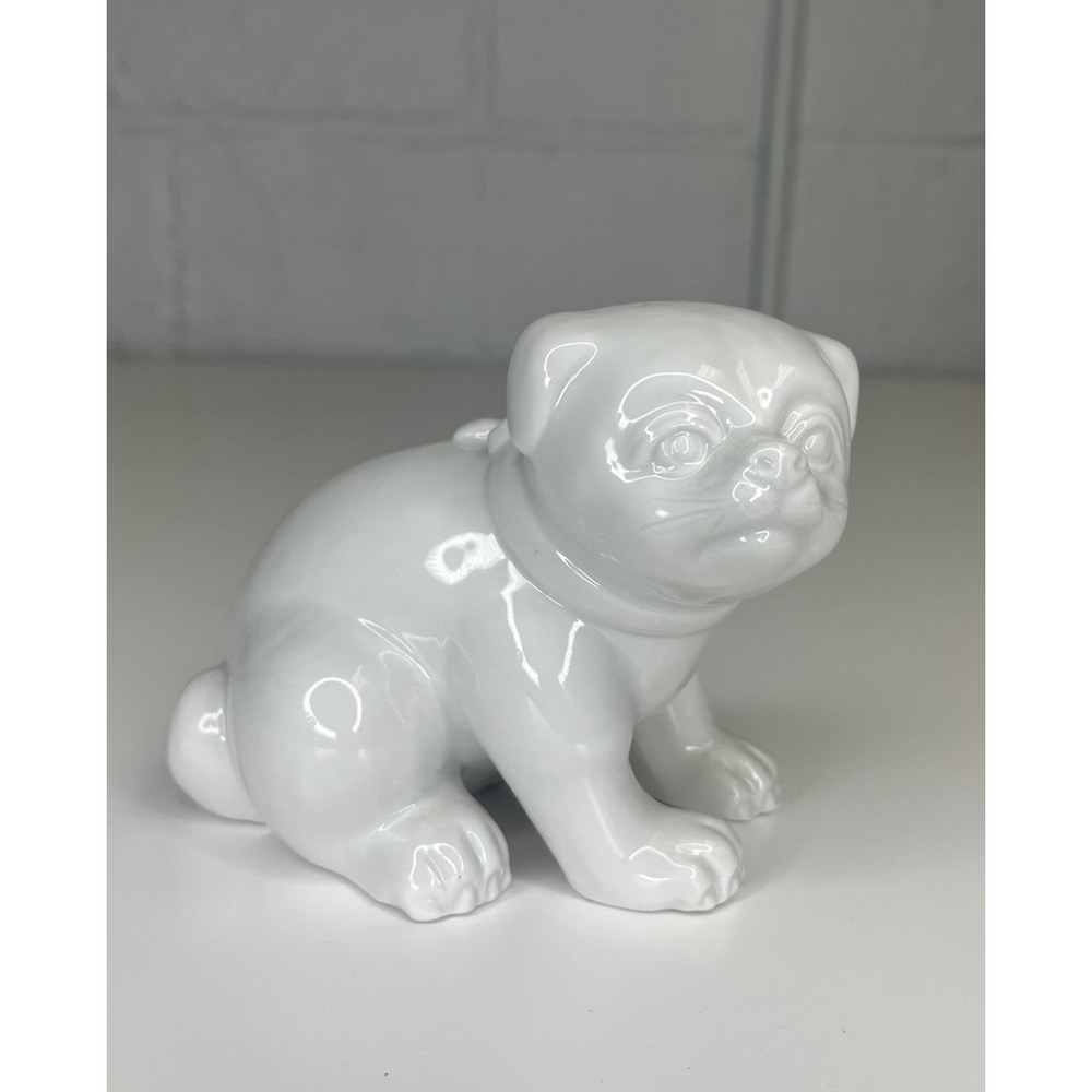 FITZ & FLOYD Vtg White Sitting Puppy Dog Pug‎ Figurine Collectible Bow 1977